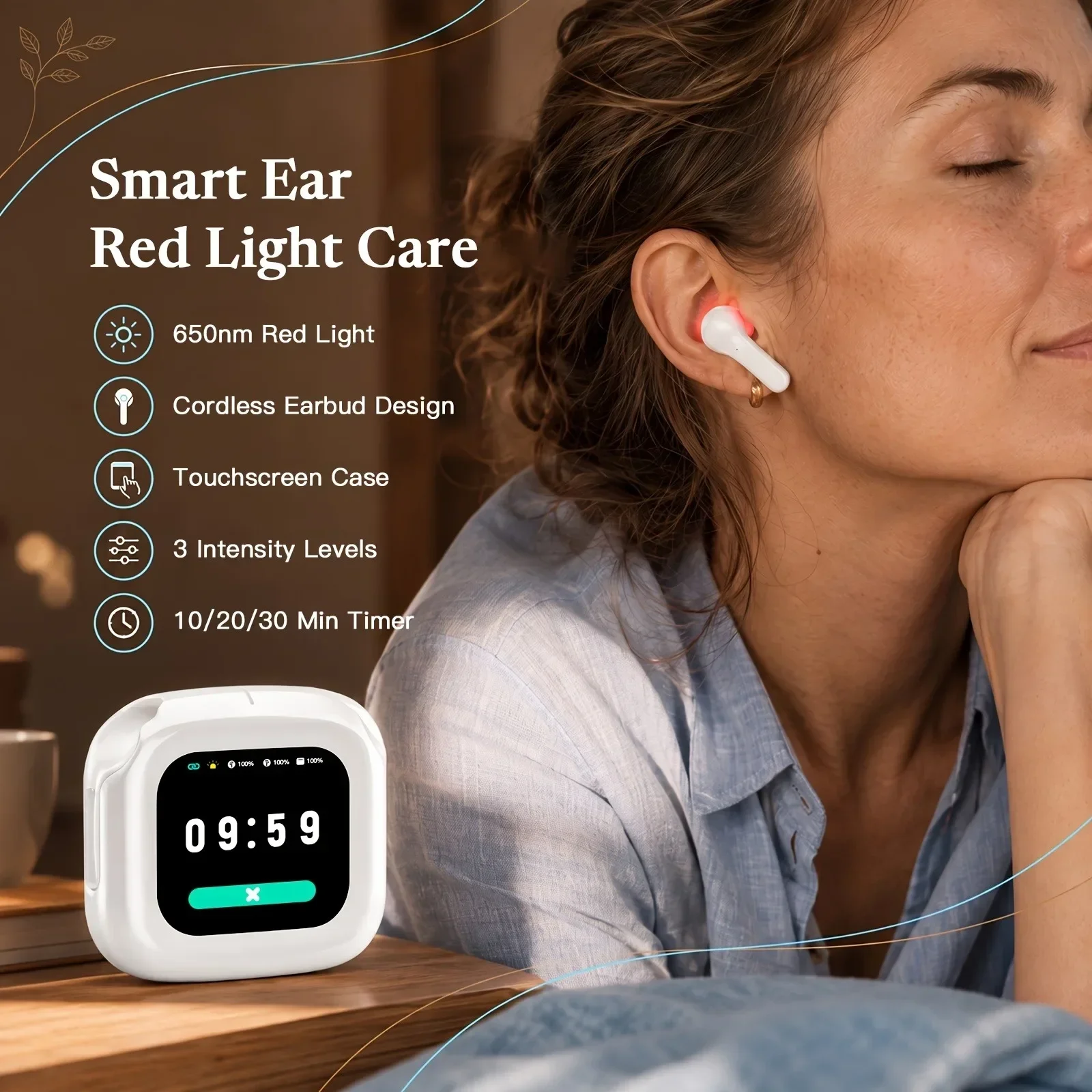 Cordless 650nm Ear Light Device for Tinnitus Otitis Media Deafness Wireless Ear Nasal Irradiation Device Smart Display Charging