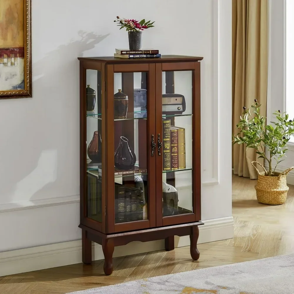 Storage Cabinet Curio Display Cabinet with Adjustable Glass Shelves, Mirrored Back Panel Vintage Lighted Accent Cabinet