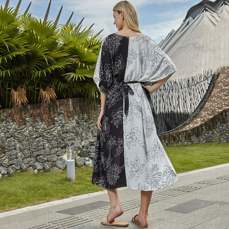 جديد أسود أبيض المرقعة المرأة Deach فستان بيكيني التستر طويل تونك عادية الصيف شاطئ الستر أنيقة ملابس للنساء