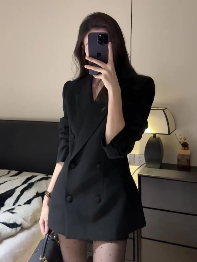 Cappotto blazer slim fit elegante moda coreana da donna con scollo a V manica lunga doppio petto cappotto nero casual blazer stile ufficio
