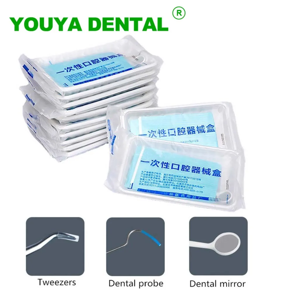 10 Bag Dental Instrument Kit Disposable Oral Package Dentistry Tooth Examination Tools Plastic Tray Mouth Mirror Probe Scarf Set