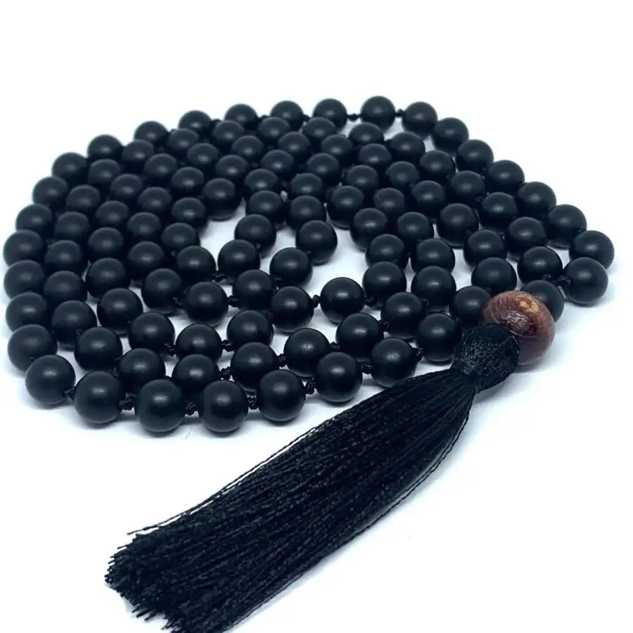 

Natural Black Obsidian 108 Beads Mala Necklace with Sandalwood Accent Black Tassel Spiritual Jewelry