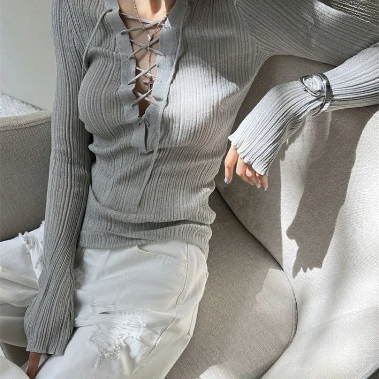 Korean Sexy V-neck Cross Lace Up T-shirts Y2k E-Girl Slim Fit Knitted Bottoming Tops Women 2024 New Long Sleeve Thin Pullover