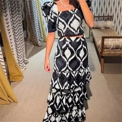 Taop&Za 2024 Summer New Product Women's Fashion Slim Fit Square Neck Short Sleeve Printed Short Top High Waist Skirt Set