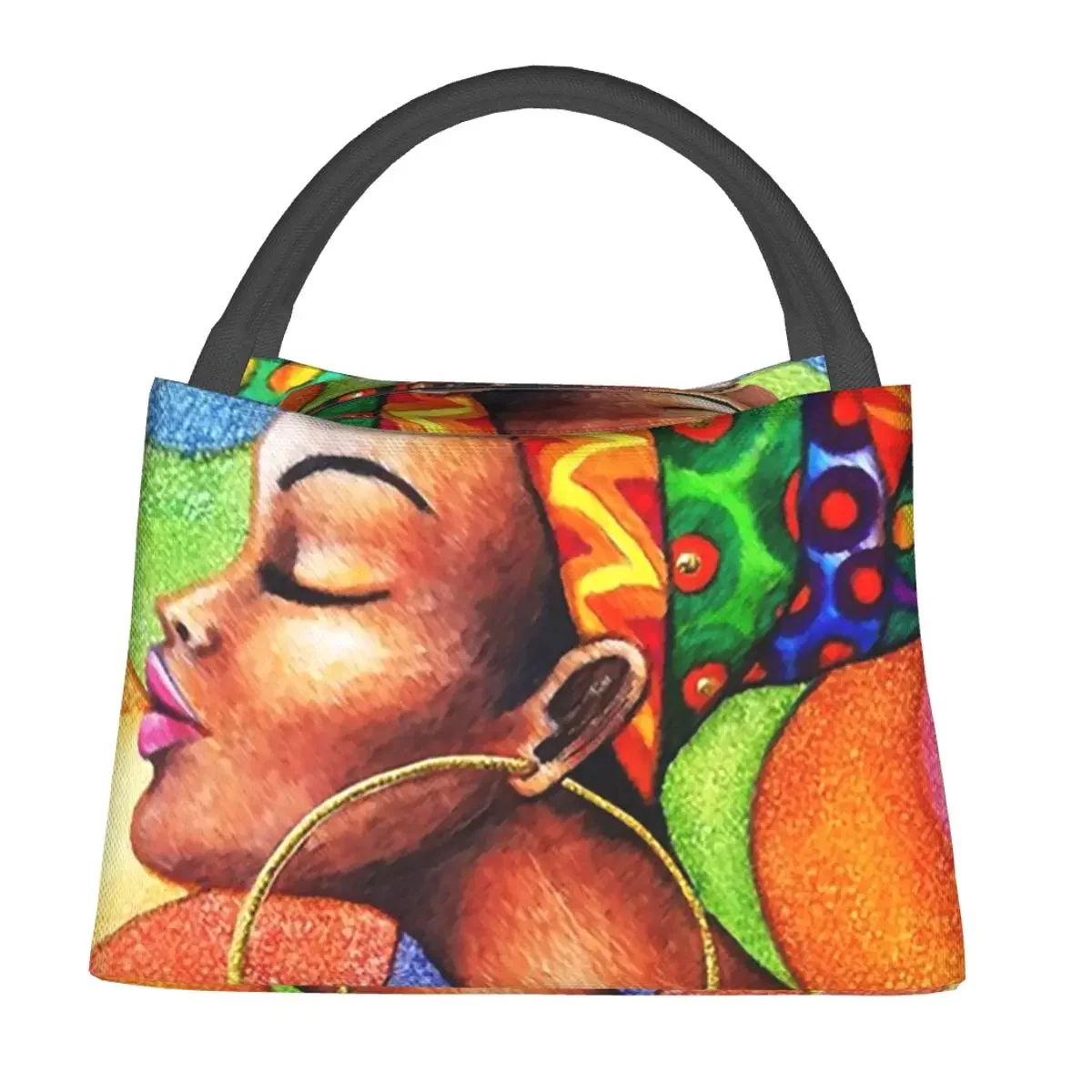 African Woman With Wax Traditional Fabric Lunch Bags Bento Box Resuable Lunch Tote Picnic Bags Thermal Bag for Woman Work