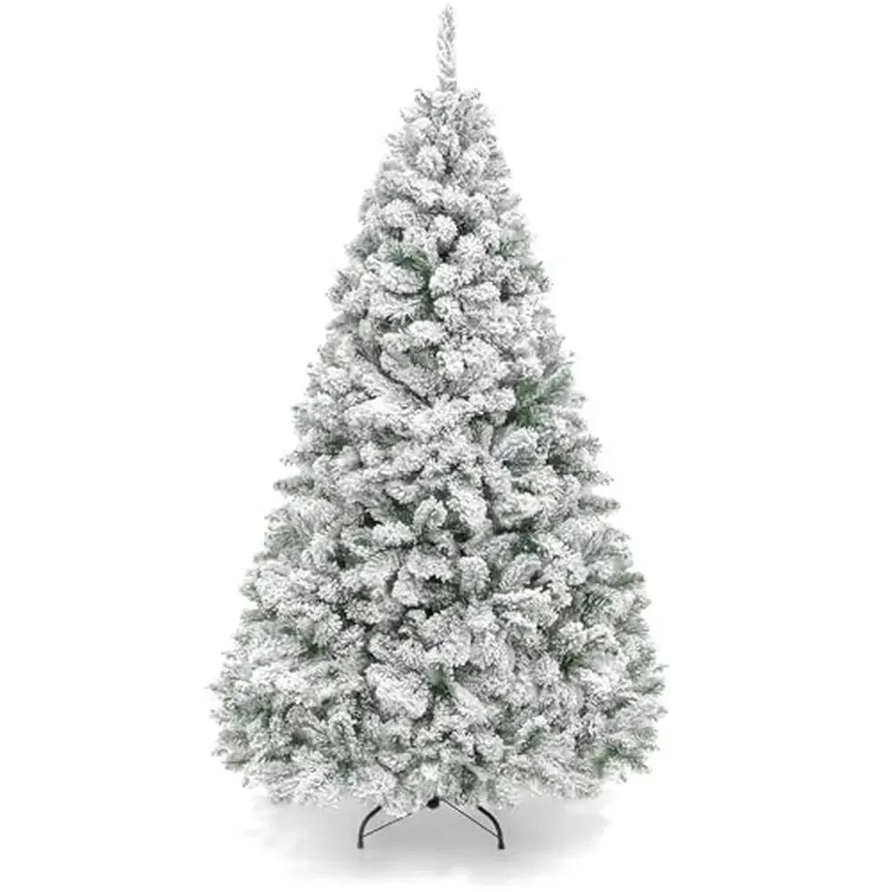 Snow Flocked Christmas Tree 7.5ft Unlit Full Pine Snowy Design Easy Assembly Metal Stand Holiday Decor