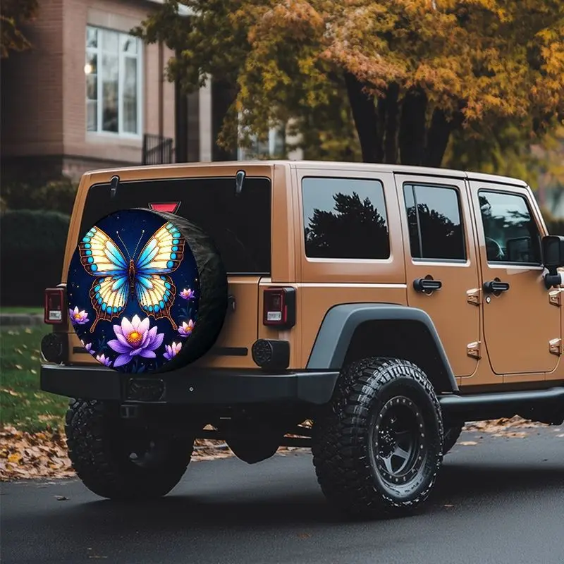 Dreamy Starry Sky Butterfly For Lotus Pattern Polyester Car Tire Cover, Universal Spare Tire Protector