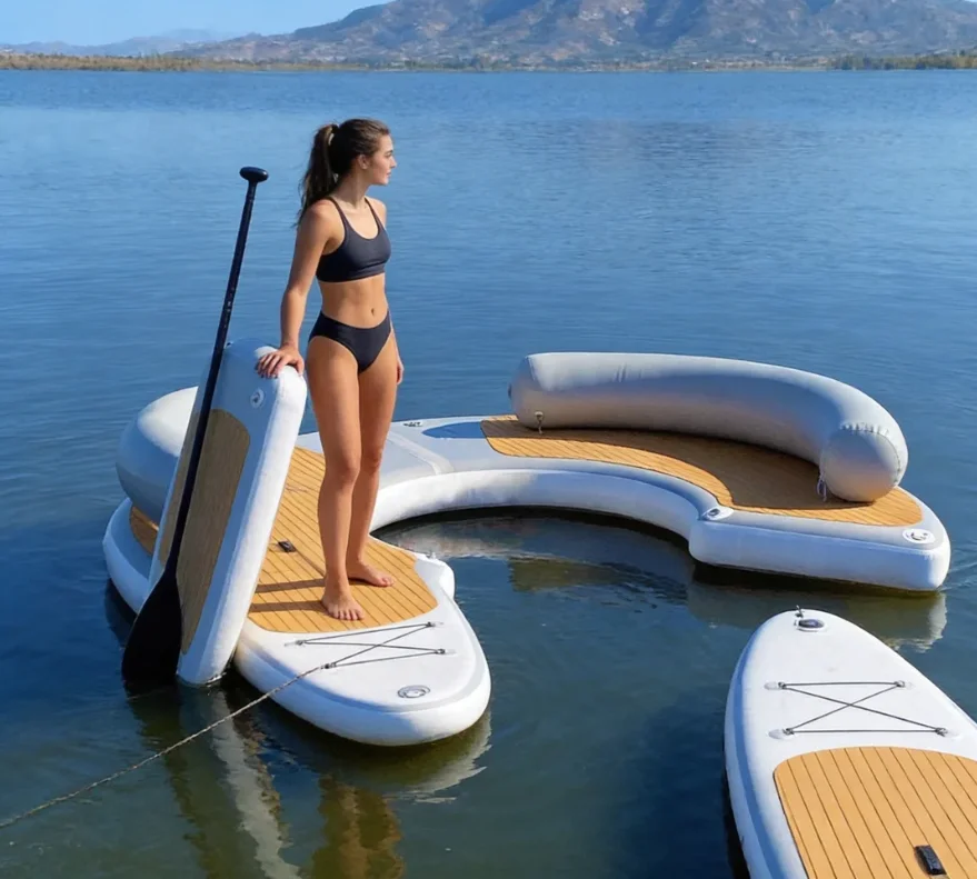 C-Shape Inflatable Floating Platform, Drop-stitch DWF Water Lounge Dock for Lake Sea Relax Water Party Entertainment