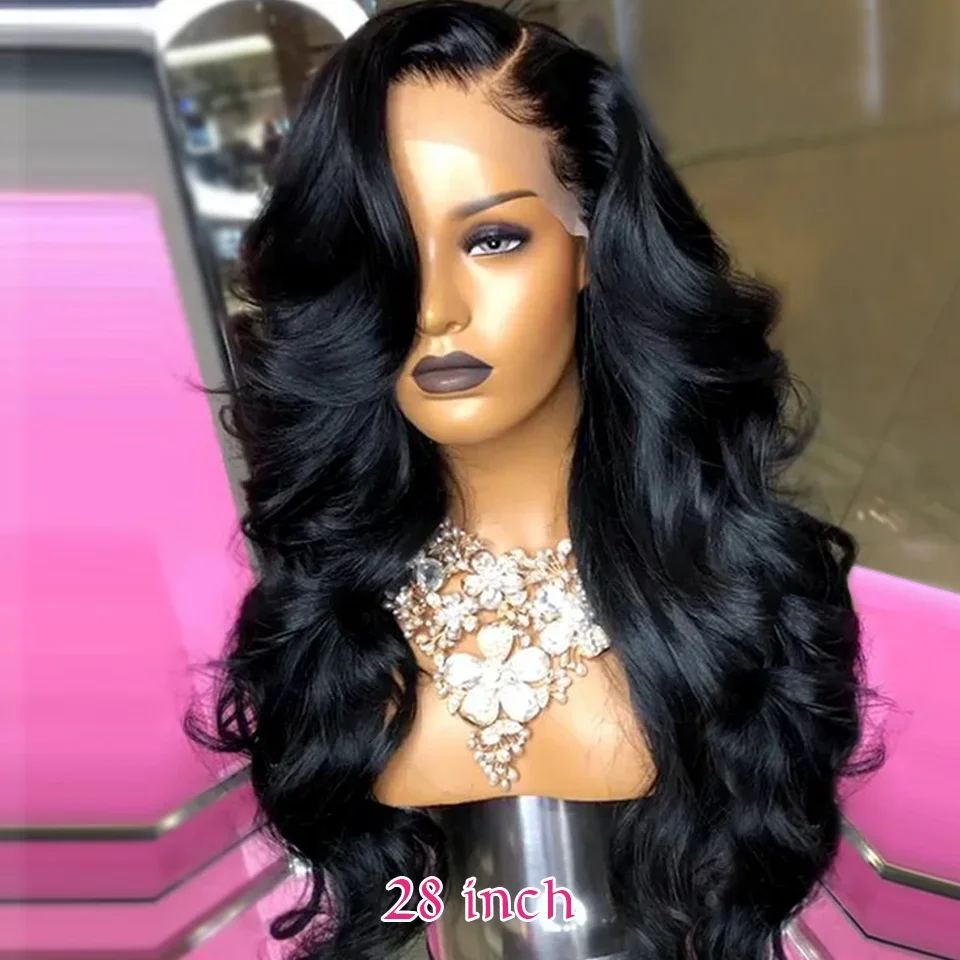 Wig Depan Renda Gelombang Tubuh Hitam Tanpa Lem Yang Dipetik Sebelumnya Panjang 26 Inci dengan Kepadatan 180 Lembut untuk Wanita dengan Rambut Bayi Tekstur Baik