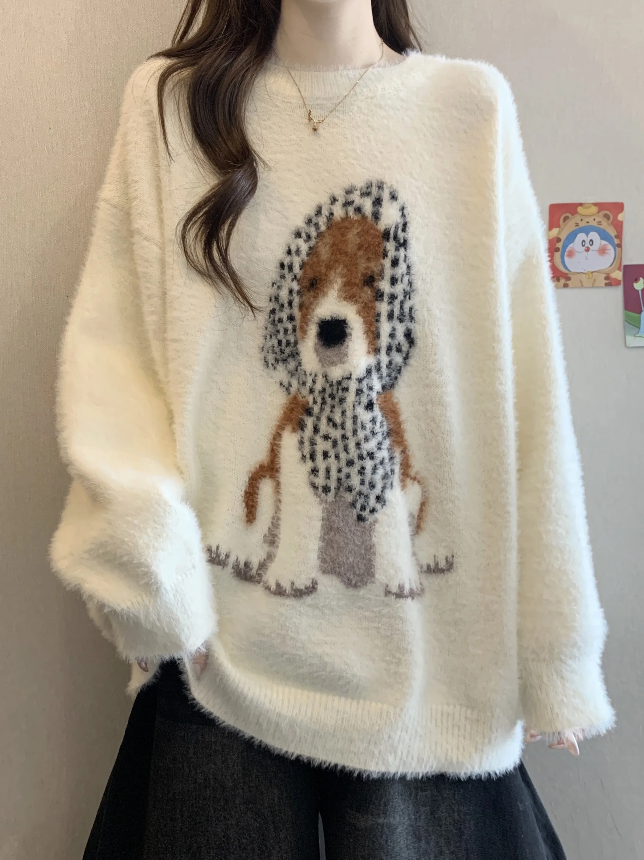 

plus Size Women's Korean Sle Dog Print Sweater Autumn Winter Soft Cozy Loose Slimming Overhead Knittedwear Princ Sle