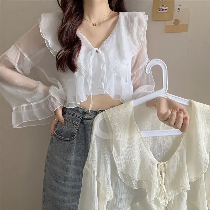 

Fashion Design Blouses Ruffles Irregular Lace Up Crop Tops V Neck Flare Sleeve Solid Color Shirts Spring Summer Women's Clothing