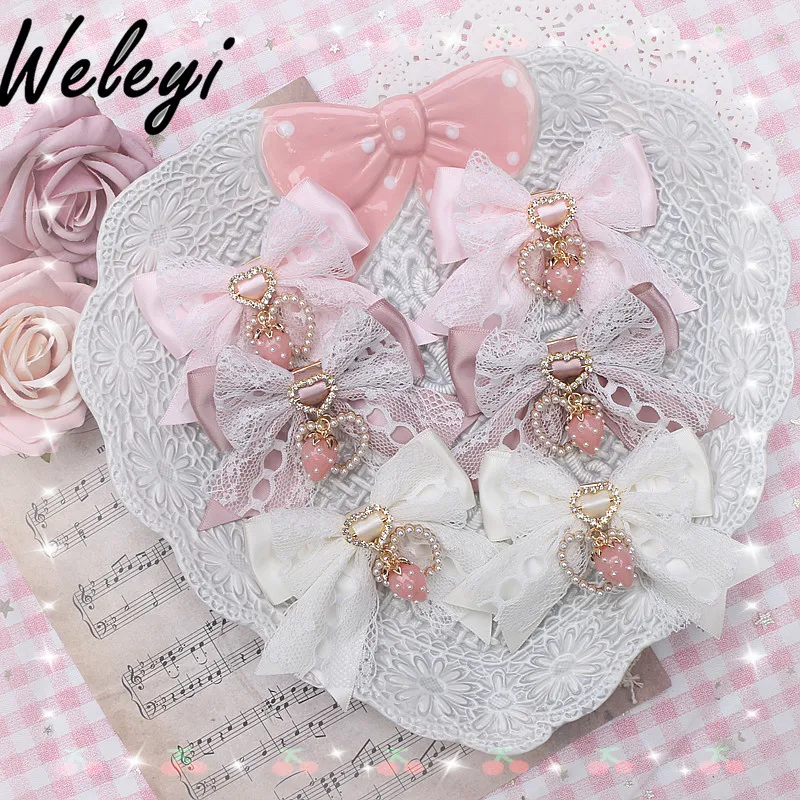 

Original Lolita Sweet Lace Edge Strawberry Hair Clip Kawaii Accessories Love Edge Clips Cute Pearl Pendant Bow Hairpin for Women