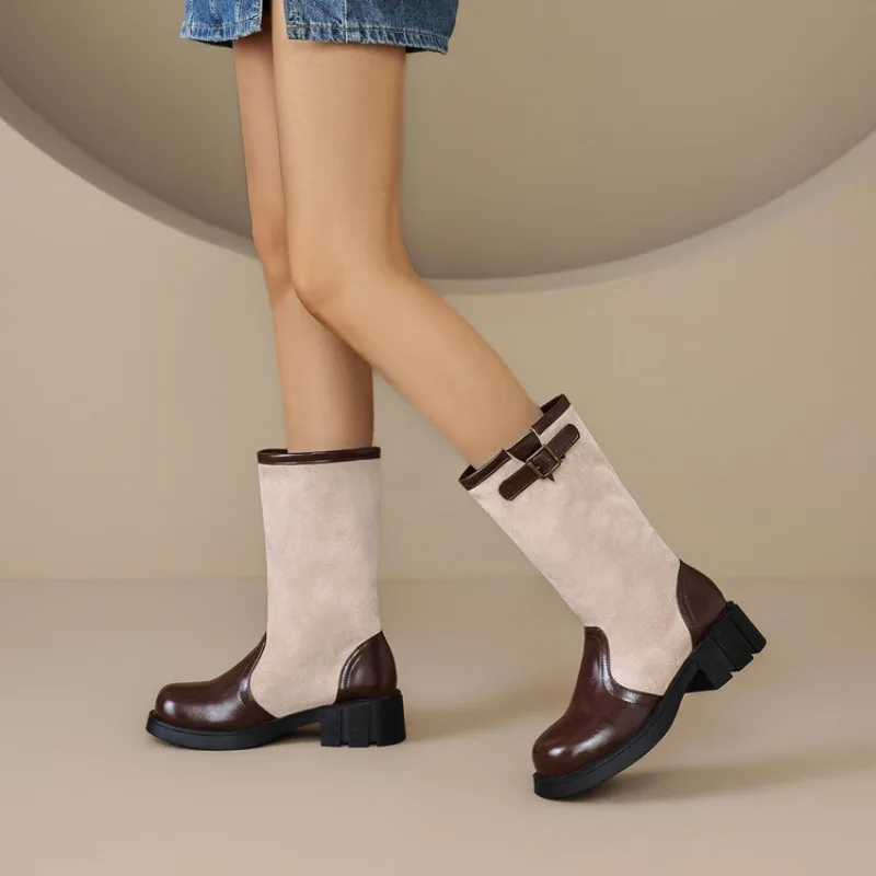 Ladies Fresh Faux Suede Patchwork Mid Calf Boots For Women Side Buckle Block Heel Western Motorcycle Boots