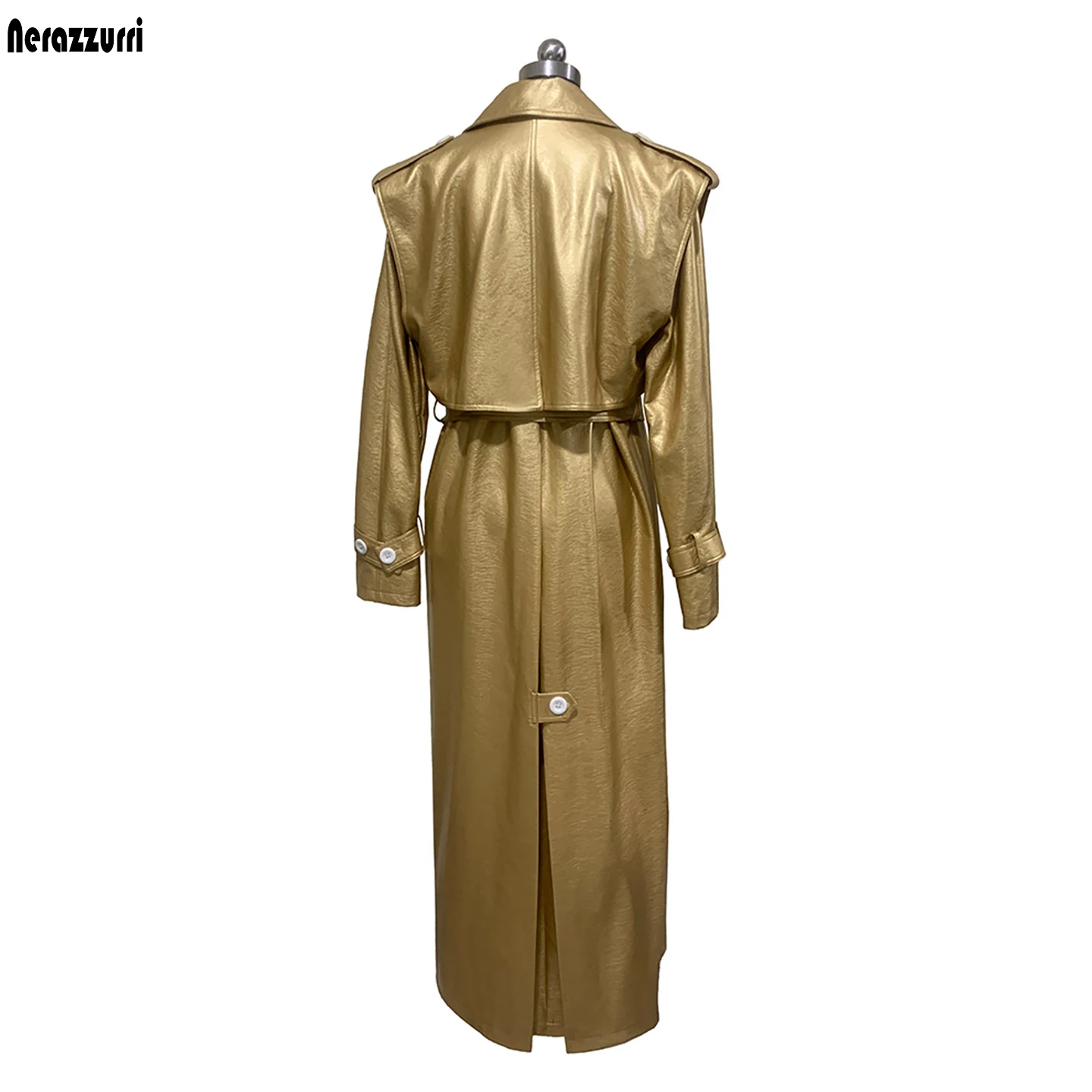 Nerazzurri Autumn Extra Long Gold Pu Leather Trench Coat for Women Single Breasted Sashes Chic Luxury Designer Clothes Overcoat