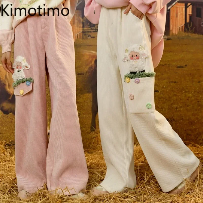 Kimotimo Cute Cartoon Lamb Casual Long Pants Women Japanese Kawaii High Waist Straight Wide Leg Trousers Autumn Winter Joggers