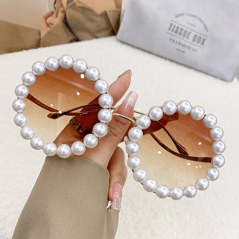 Pearl Round Framed Sunglasses Ins Stylish Wavy Leg Gradient Sunglasses UV400