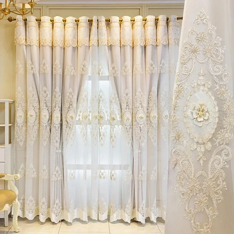 

European High-grade Simple Luxury Modern Curtains for Living Dining Room Bedroom Integrated Blackout Double Embossed White Tulle