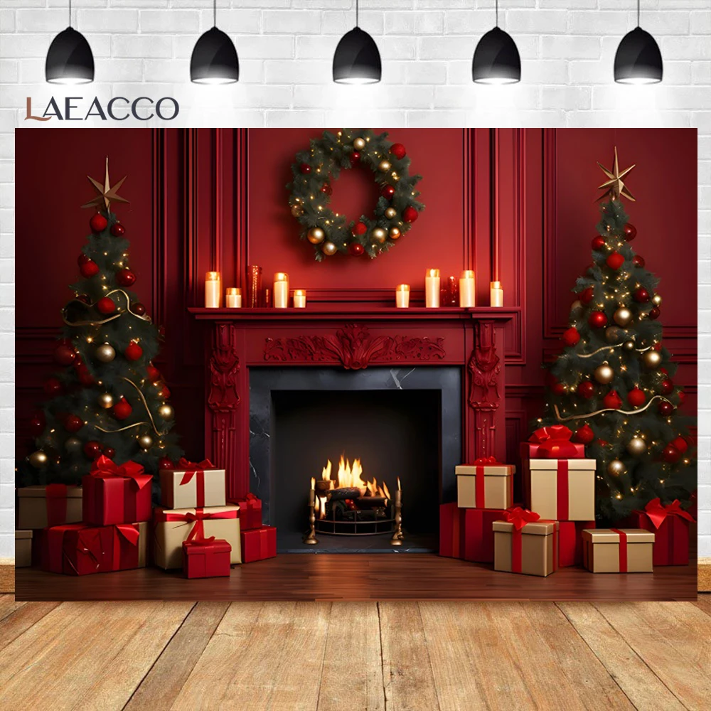 Winter Christmas Fireplace Photography Backdrop Xmas Tree Gift Wreath Living Room Decor Family Portrait Photography Background