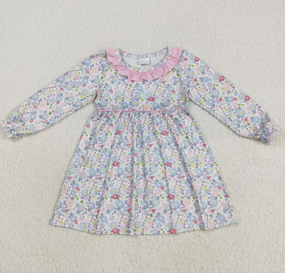 

Бутик оптовой продажи детской одежды Платье с длинными рукавами Синее платье с цветочным розовым узором