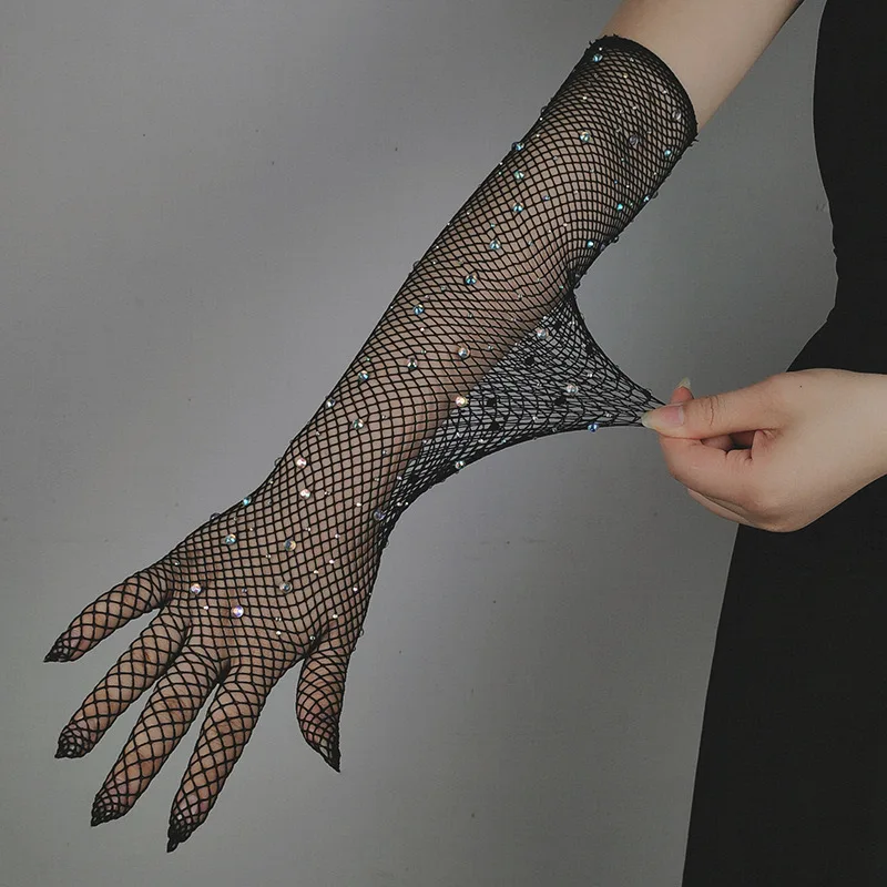 

Sexy Women Elastic Mesh With Colored Flash Diamonds Bungee Stage Performance Mitten Hollow Fishing Net Punk Hip Hop Glove R51