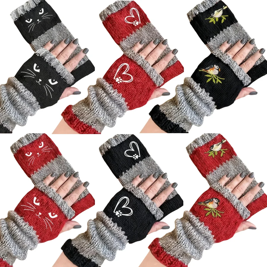 ถุงมืออุ่นปักลายสำหรับผู้หญิงในฤดูหนาว - ลายตาแมวสีดำน่ารัก ลายนก และลายหัวใจ ถุงมือแบบไม่มีนิ้วกันลื่น ทนทาน