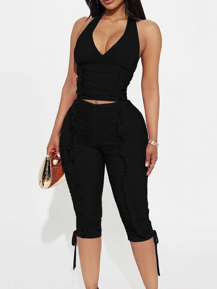

Sexy Shirring Ruched Two Piece Womens Short Sets 2026 Summer Fashion Halter Backless Cropped Tops and Calf-Length Shorts Outfits