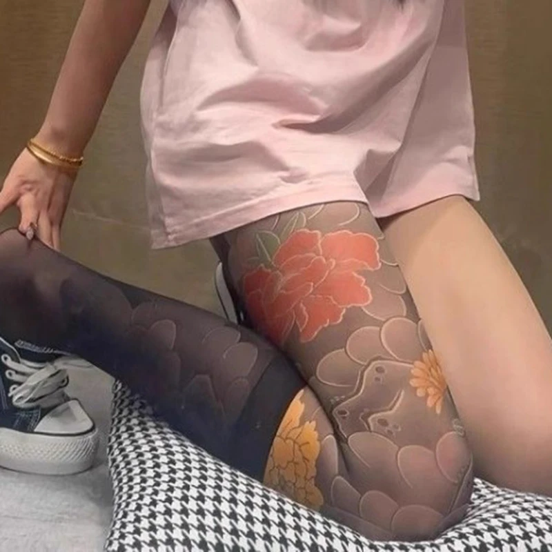 

Women's Gothic Sexy Printed Tights Fake Tattoo Peony Pantyhose Female Perspective Mesh Leggings Nylon Socks Stocking
