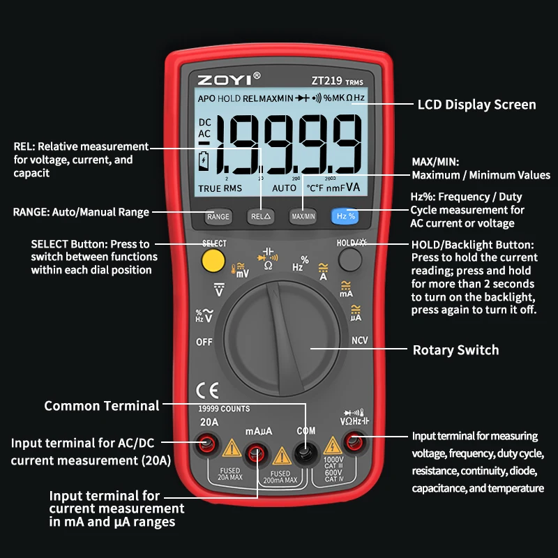ZOYI ZT219 Digitales Multimeter 19999 Anzeigen True RMS Automotive Elektrik Transistor Kondensator NCV Tester Professionelles Messgerät – Detail 10