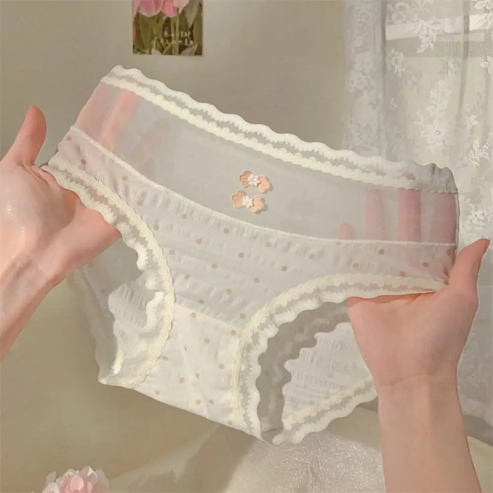 

Fashion Mid Waist Lace Mesh Panties Dot Transparent Sweet Ruffle Briefs Lingerie Underpants Thin Underwear Women Daily