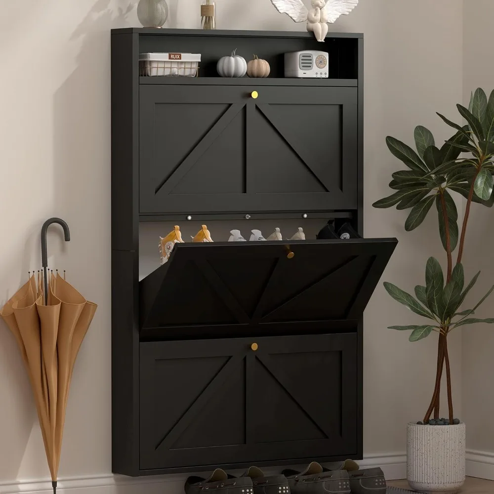 

Shoe Cabinet Storage for Entryway, Freestanding Shoe Organizer with Open Storage, 3 Flip Drawers Farmhouse Slim Cabinet for Fron