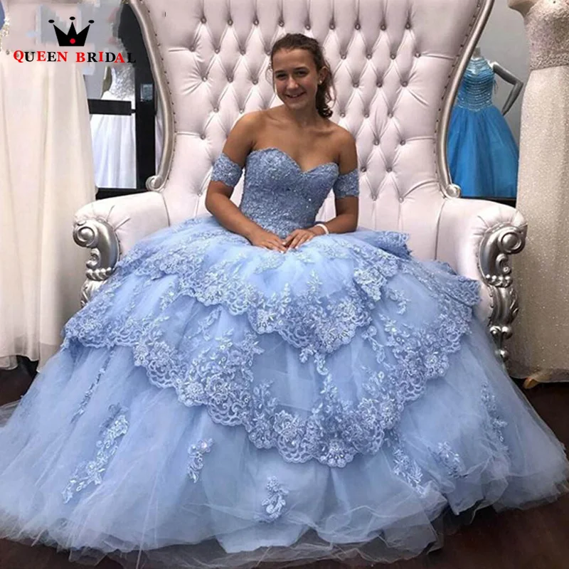 Abiti classici Quinceanera Appliques senza spalline perline abito da ballo con paillettes per 15 ragazze abiti da ballo blu a strati WS07M