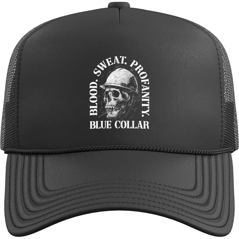Blood Sweat Profanity Construction Worker Skull Blue Collar Trucker Hat with Adjustable Mesh Back