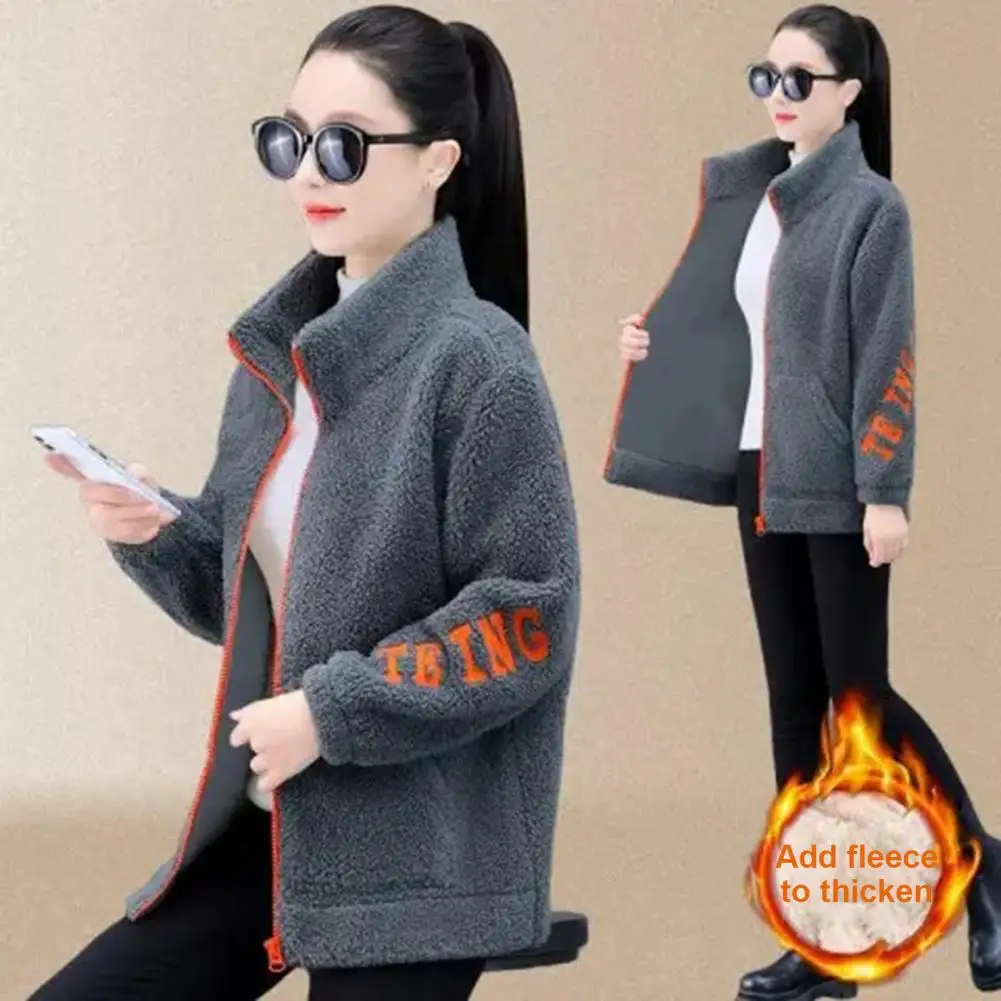 Women Thermal Jacket Thick Fleece Winter Coat with Stand Collar Letter Pattern Pockets Warm Mid Length Cardigan Jacket for Women