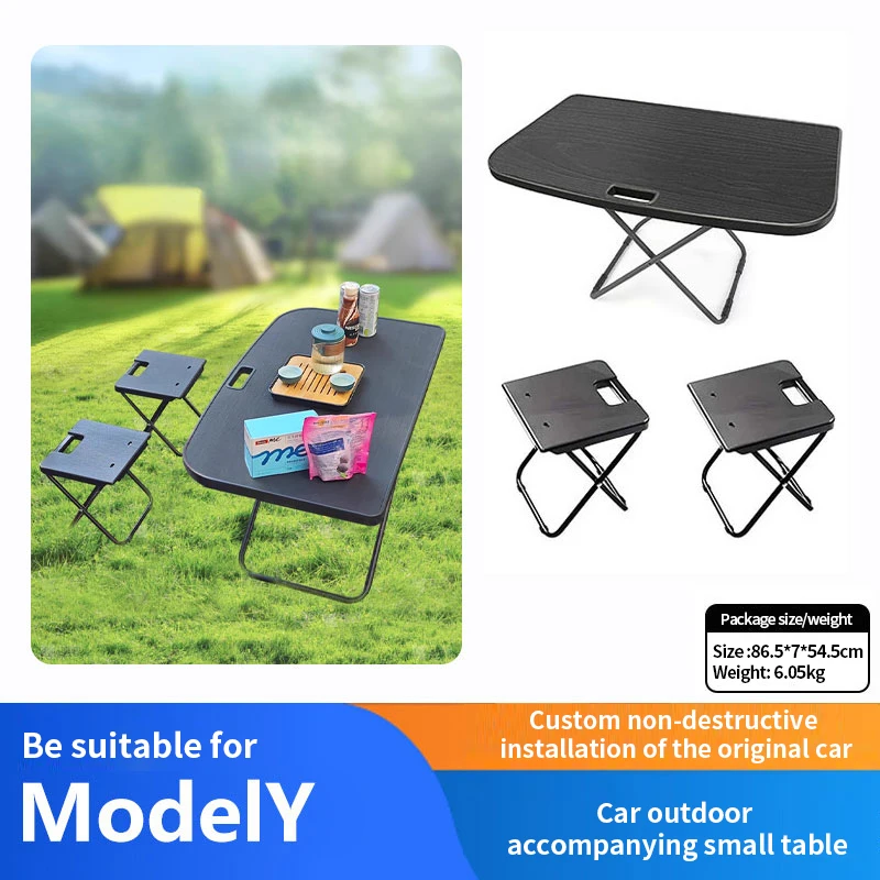 For Tesla Model Y Juniper Trunk Camping Table Folding Picnic Desk with 2 Chairs Outdoor Travel Car Accessory