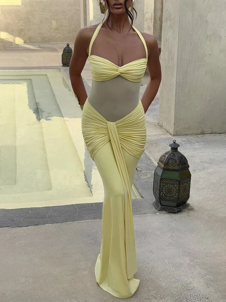 

Halter Backless Sexy Maxi Dress Women Fashion Patchwork Off-shoulder Sleeveless Ruched Draped Bodycon Club Party Dress