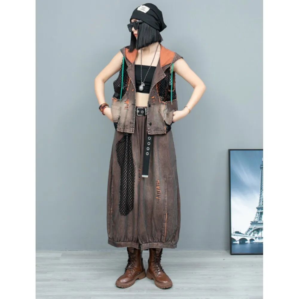 Personalized Vintage Color Denim Hooded Vest + Wide Leg Lantern Pants Two-piece Set Women 2024 Early Autumn Loose Pant Set ZF025