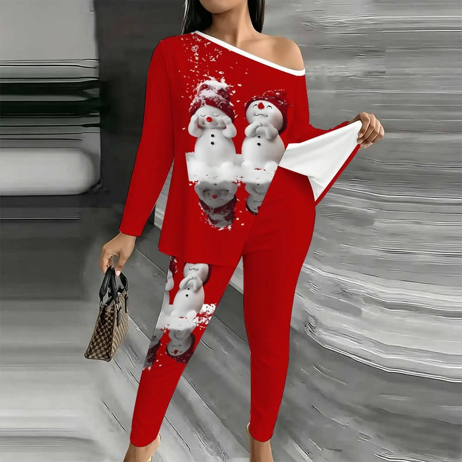 Off Shoulder T-shirt Christmas Jogging Pants Autumn Printed Two-piece Set Winter Women's Diagonal Collar Long Sleeved