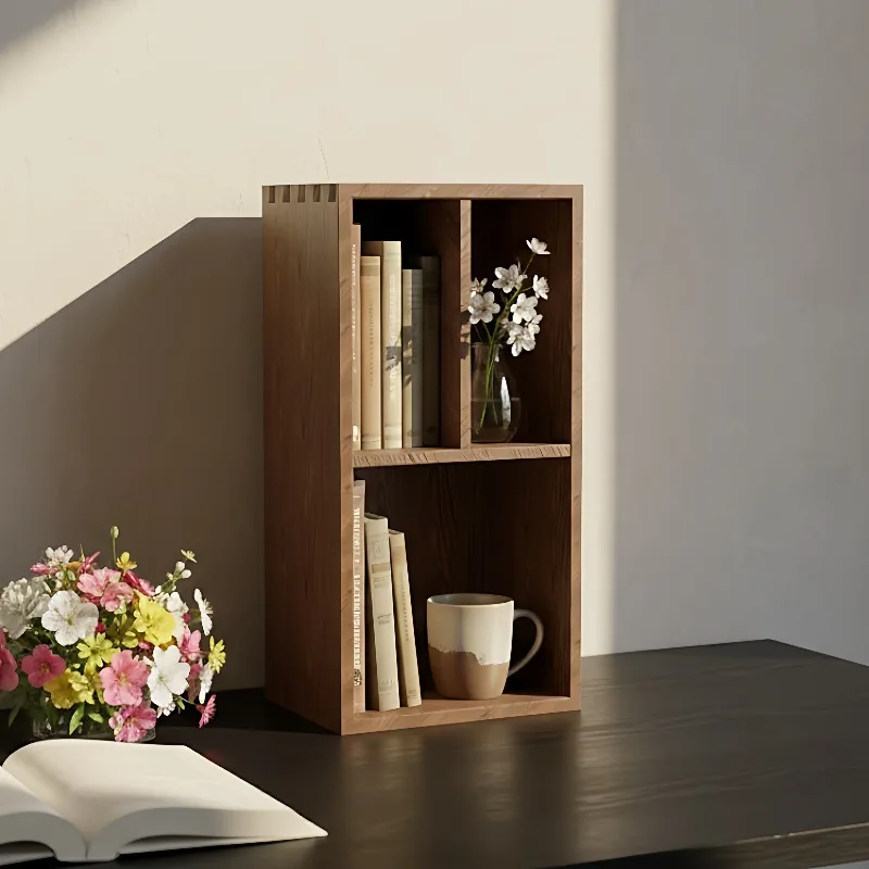 

Real Solid Wood Desktop Bookshelf Holder Walnut Color Double Layer Cup Stand Rack Organizer for Home Office Desk Storage