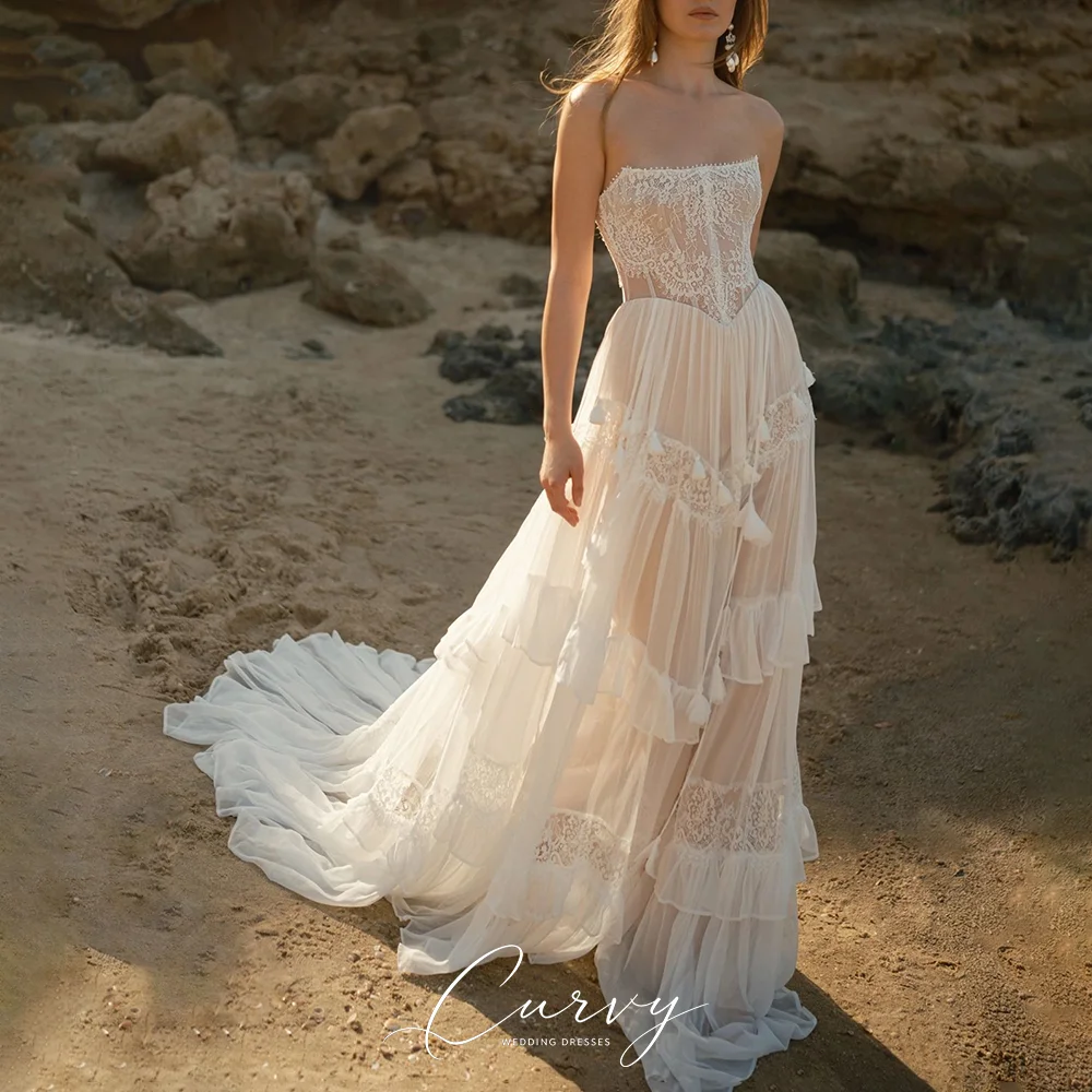 Curvy Whimsical Boho A-Line Wedding Dresses for Women Strapless Lace Tiered Ruffle Tassel Detail Bridal Dress Beach Wedding