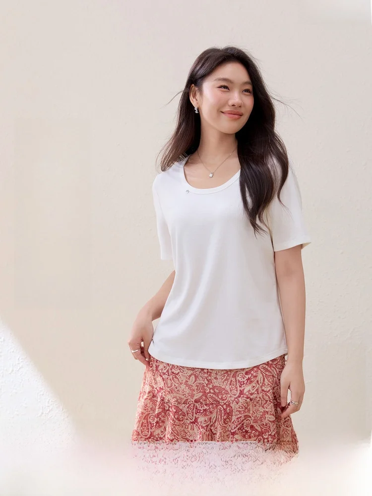 

Simple Pure Color T-Shirt Comfortable Large Size Women's Clothing Lenzing Fiber Short Sleeve round Neck Basic Summer Top