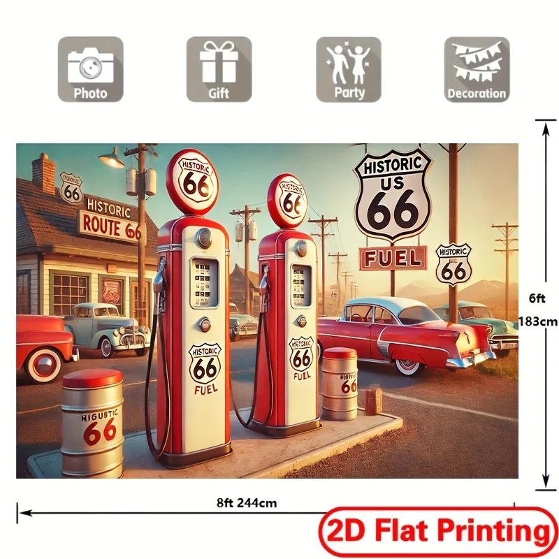 Historic Route 66 Gas Station Tapestry Classic Cars Fuel Pumps American Road Trip Nostalgia Vintage Americana Wall Art Garage