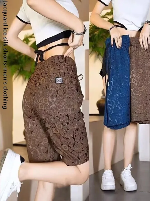 

Ice Silk Casual orts Men's Summer Thin Outerwear Embroidered Sport Mid-Pants Qui Dry Breathable Five-Quarter Pants