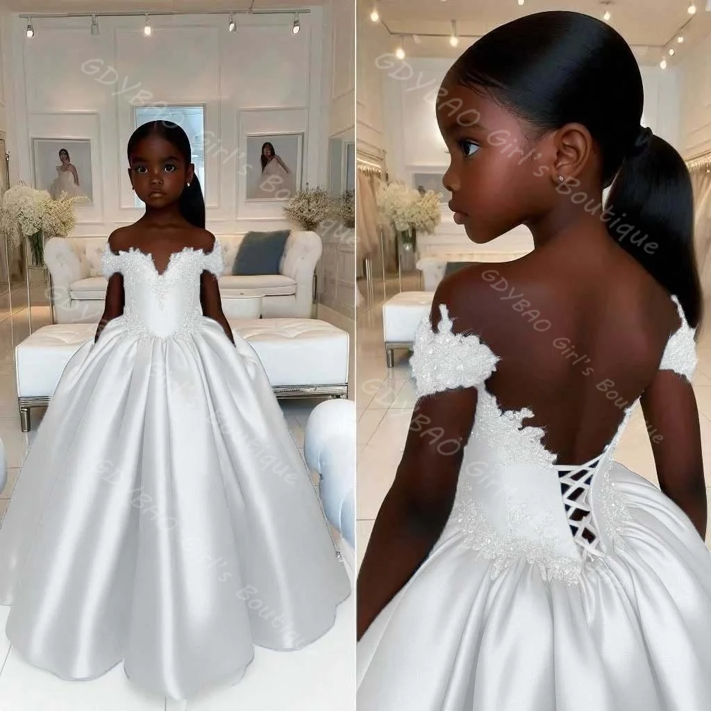 فستان فتاة الزهور الزرقاء لحفلات الزفاف 2-14 أطفال بدون أكتاف مزين بحفلات من الساتان مشد خلفي فستان عيد ميلاد الأميرة مخصص