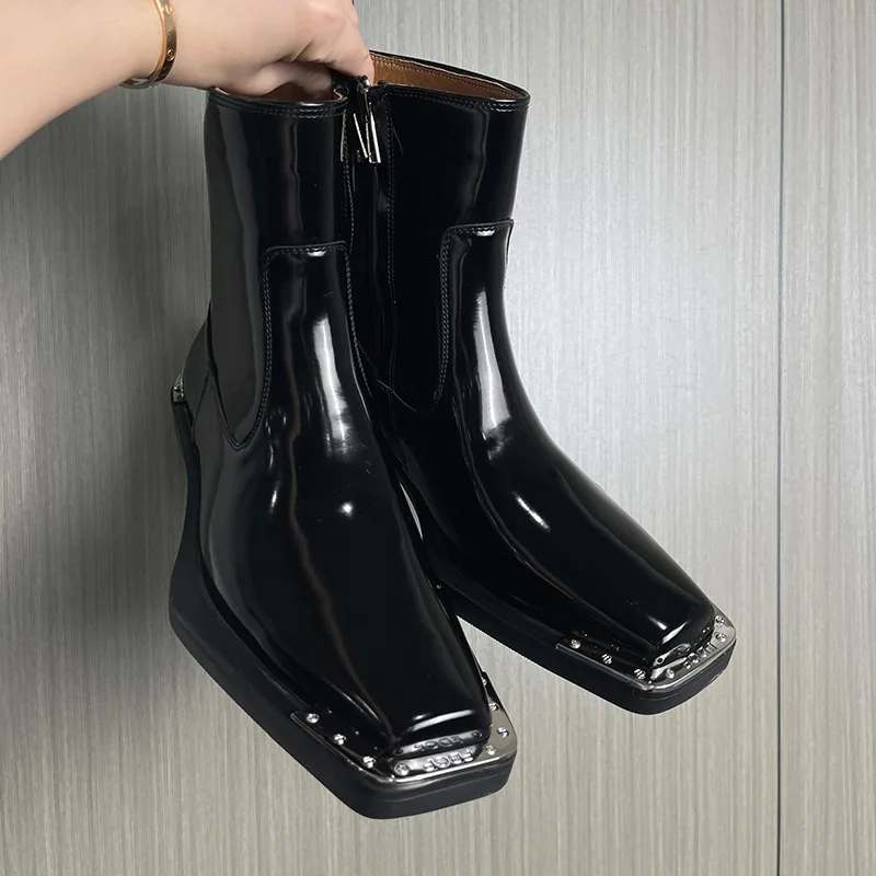 mens fashion stage nightclub high chelsea boots black trendy patent leather shoes square toe cowboy boot long motorcycle botas