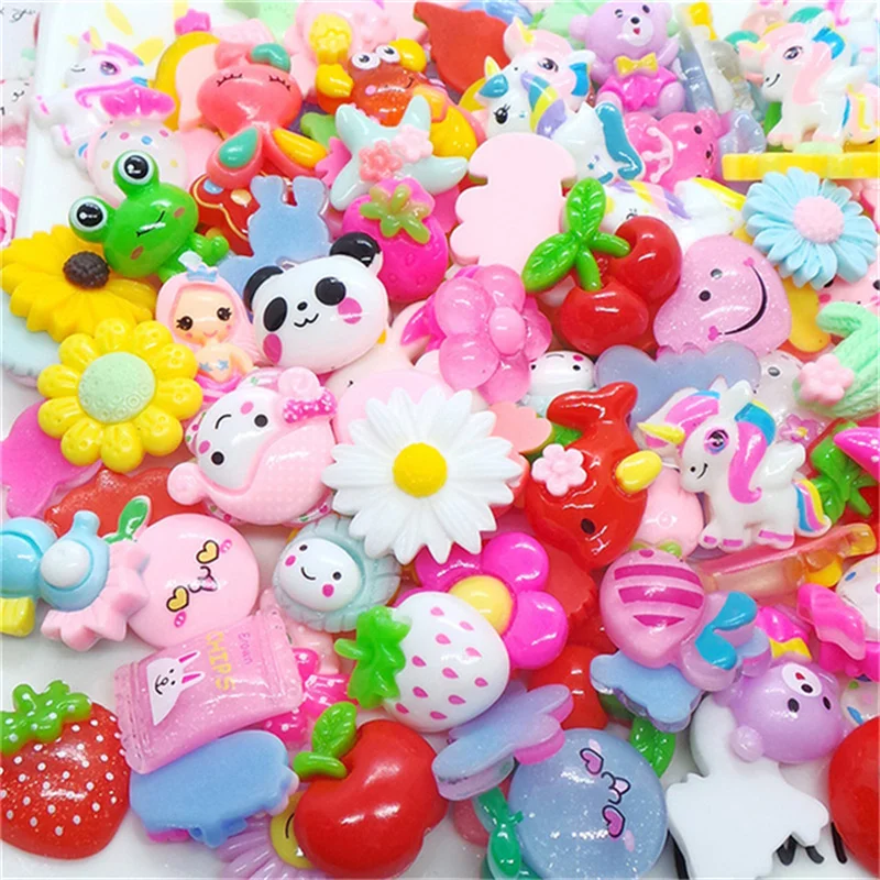 One Box Mixed Random Shape Kawaii Resin Nail Art Charms 3D Colorful Dessert Flower Animals Design Nail Rhinestones Decorations