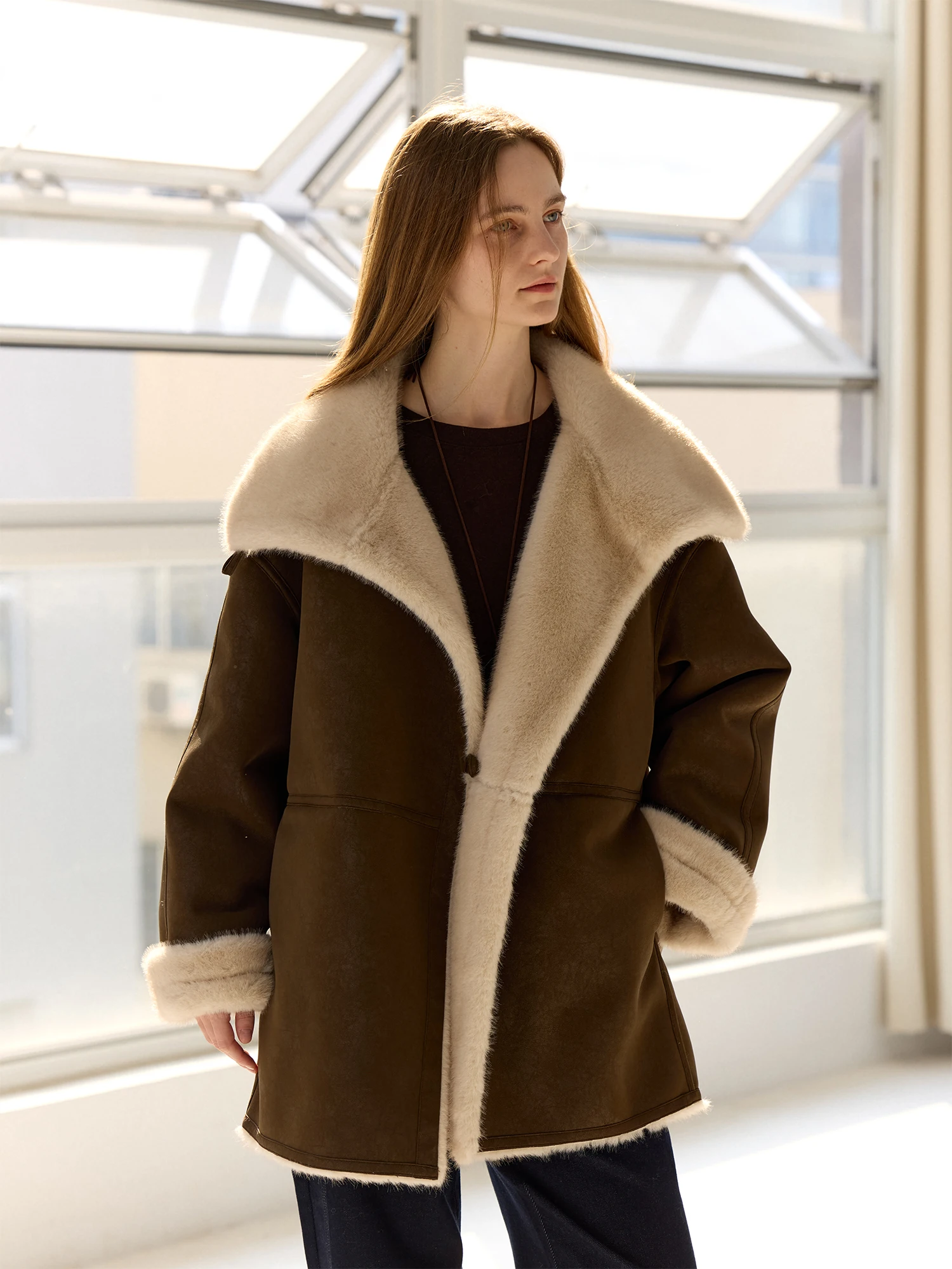 

Camon Vintage Collar Cosite Leather Fur Women's Winter Coat Inner Fake Fur Long Sve Loose Fit Sle Coat