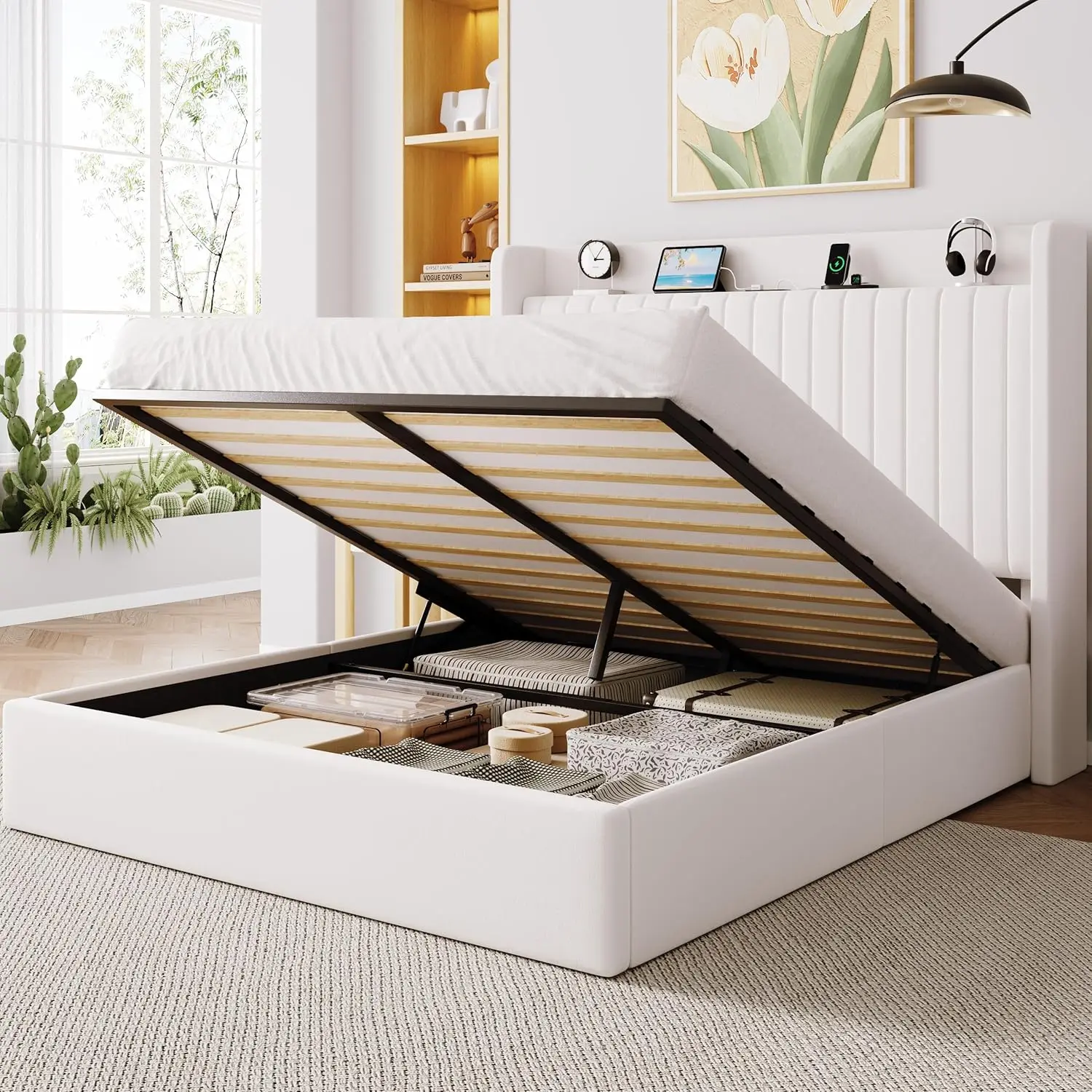 Full Lift Up Storage Bed Frame with Shelf Headboard USB Type C Ports Velvet Upholstered Hydraulic No Box Spring White Customized