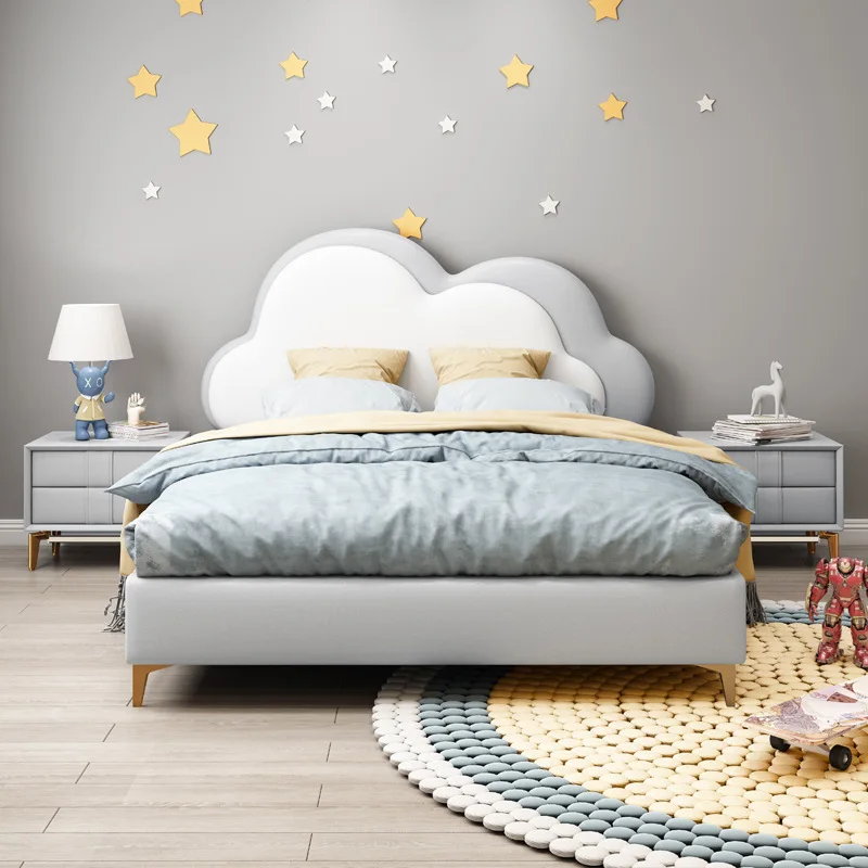 New Design Kids Bedroom Furniture Cartoon Girls and Boys Wooden Single Bed Frame PU Upholstered Children's Bed