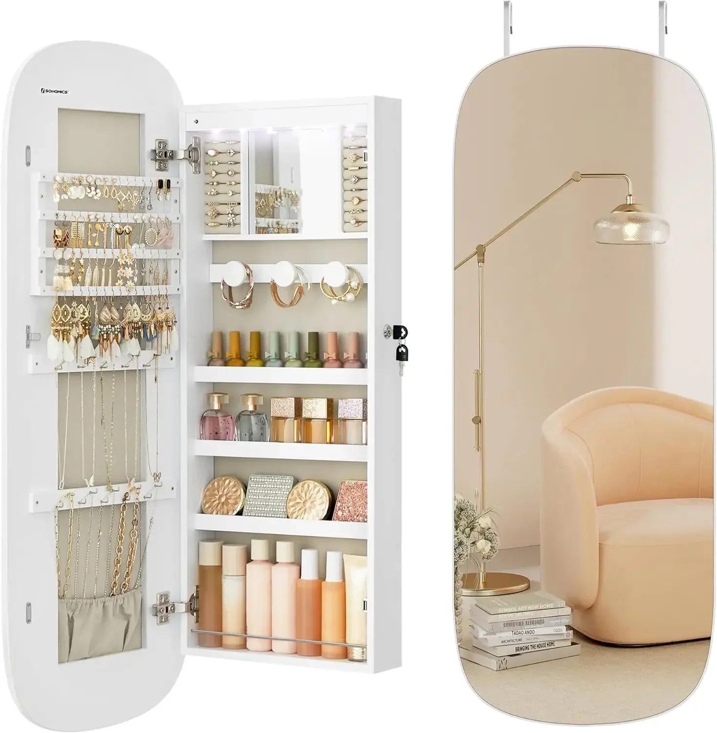 Jewelry Organizer, LED Jewelry Cabinet Wall or Door Mounted, Lockable Rounded Wide Mirror ,White Surface with Greige Lining