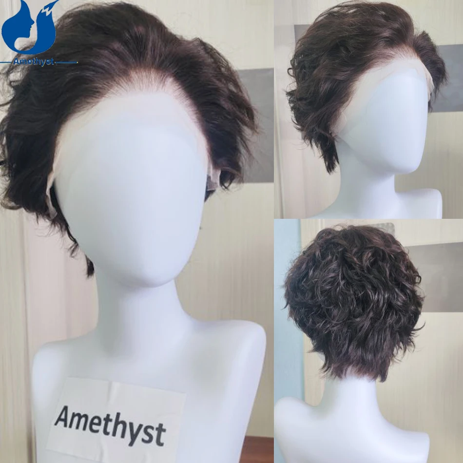 

Парик из натуральных волос Amethyst Wavy Dark Brown, полностью на кружевной основе, бразильские волосы Remy, мягкие, цветные # 2 прически с короткими кудрявыми волосами, предварительно уложенные, для мужчин